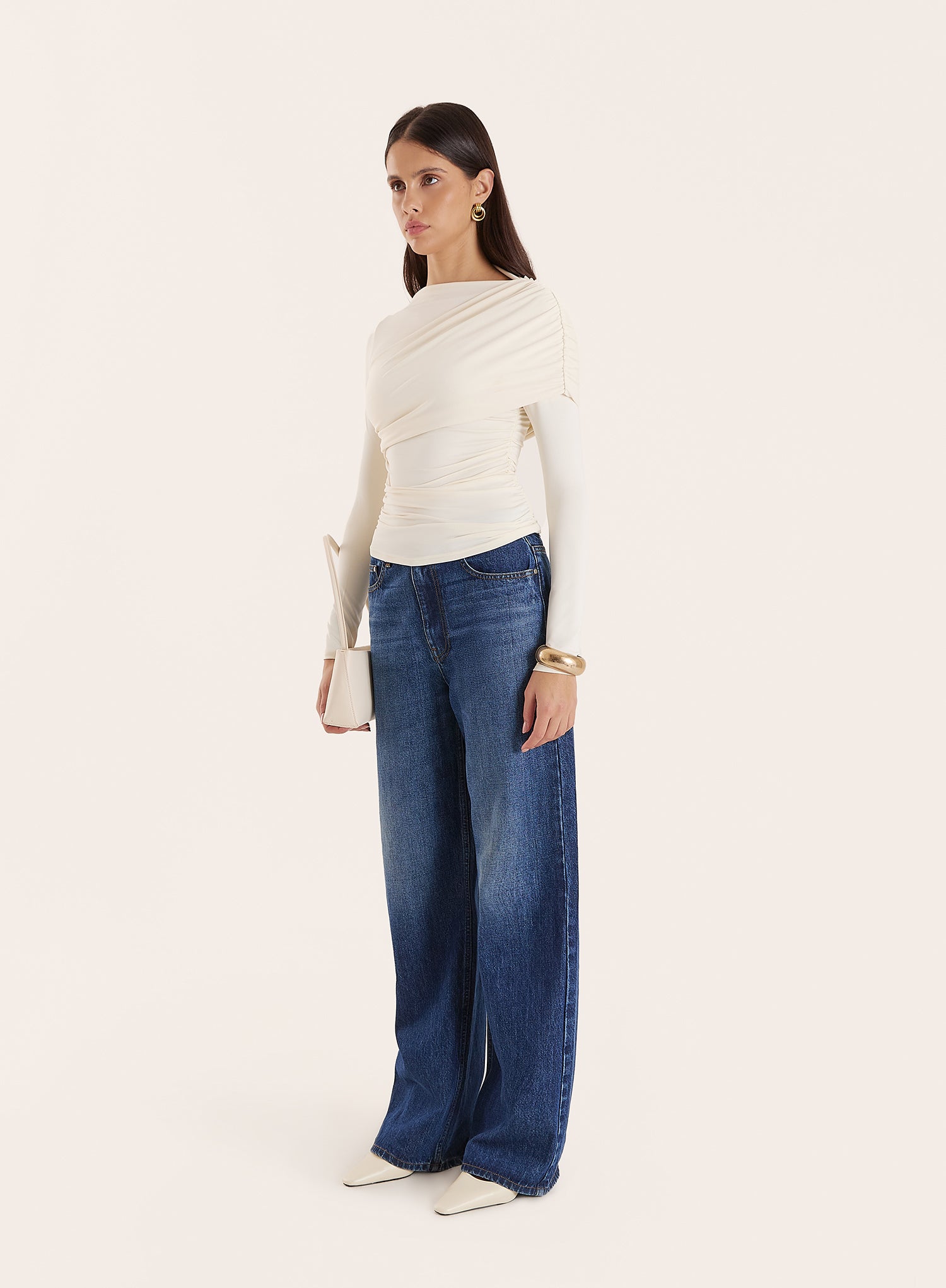 Off White Long Sleeved Drape Top